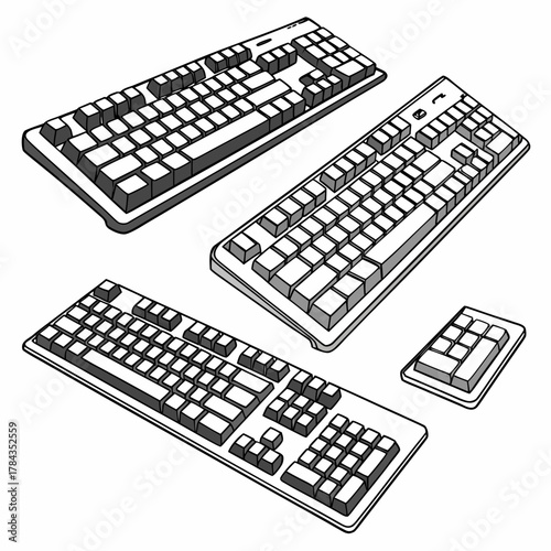 Four computer keyboards and numeric keypad vector graphics