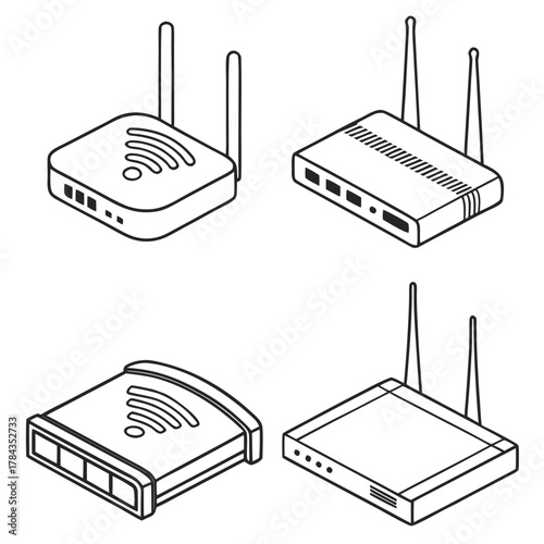 Four isometric line art wifi router icons wireless router 2