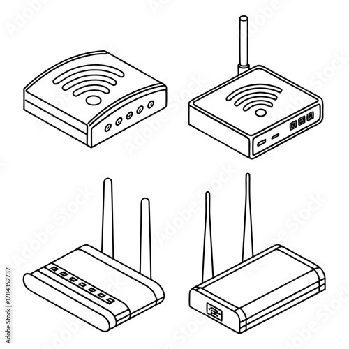 Four isometric line art wifi router icons wireless router 1
