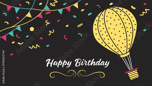 Happy Birthday vector design with 3D realistic golden balloons on black backdrop. Soft shimmering confetti dispersion, dynamic party atmosphere, stylish modern birthday text, metallic gold accents 