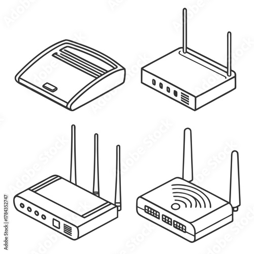 Four isometric line art wifi router icons wireless router 3