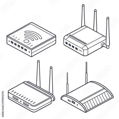 Four isometric line art wifi router icons wireless router
