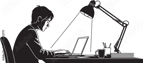 Person working late at a desk with a laptop and lamp