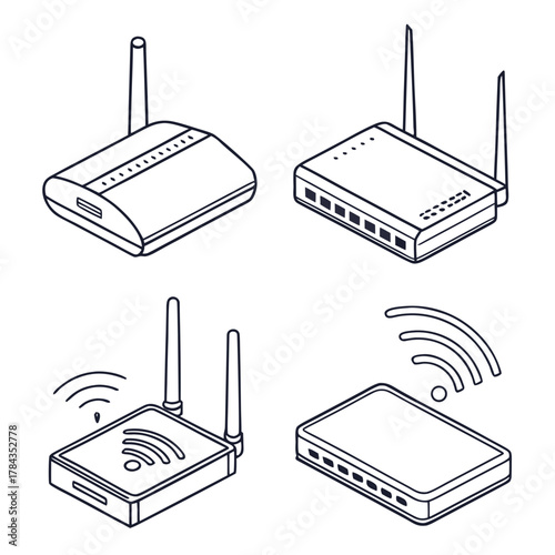 Four isometric outline icons of wifi routers wifi router icon