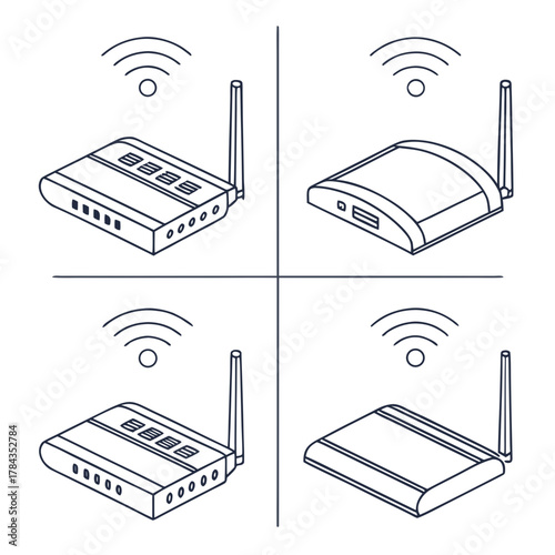 Four isometric line art wifi router icons with signal waves