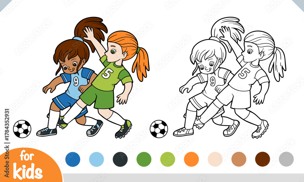 Naklejka premium Coloring book page for children, two happy girls playing football. Fun and educational printable activity for preschool and kindergarten kids for sports projects.