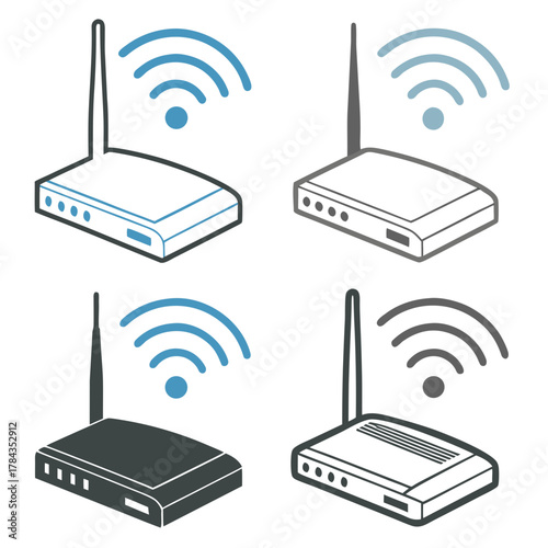 Four isometric wifi router icons with signal waves 5