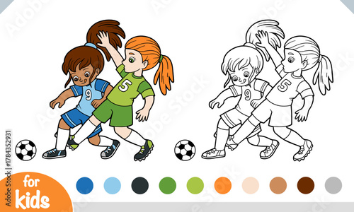 Coloring book page for children, two happy girls playing football. Fun and educational printable activity for preschool and kindergarten kids for sports projects.