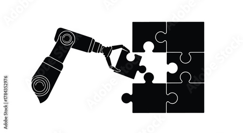 Robotic arm carefully placing the final puzzle piece, symbolizing completion and automation.