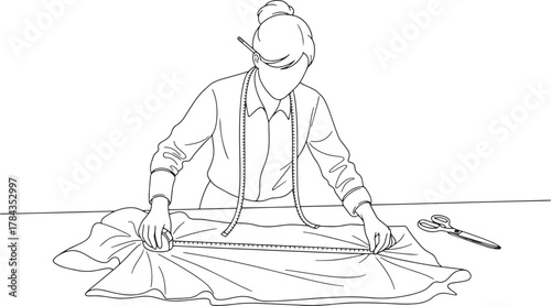Line drawing of a person in traditional attire holding a fan