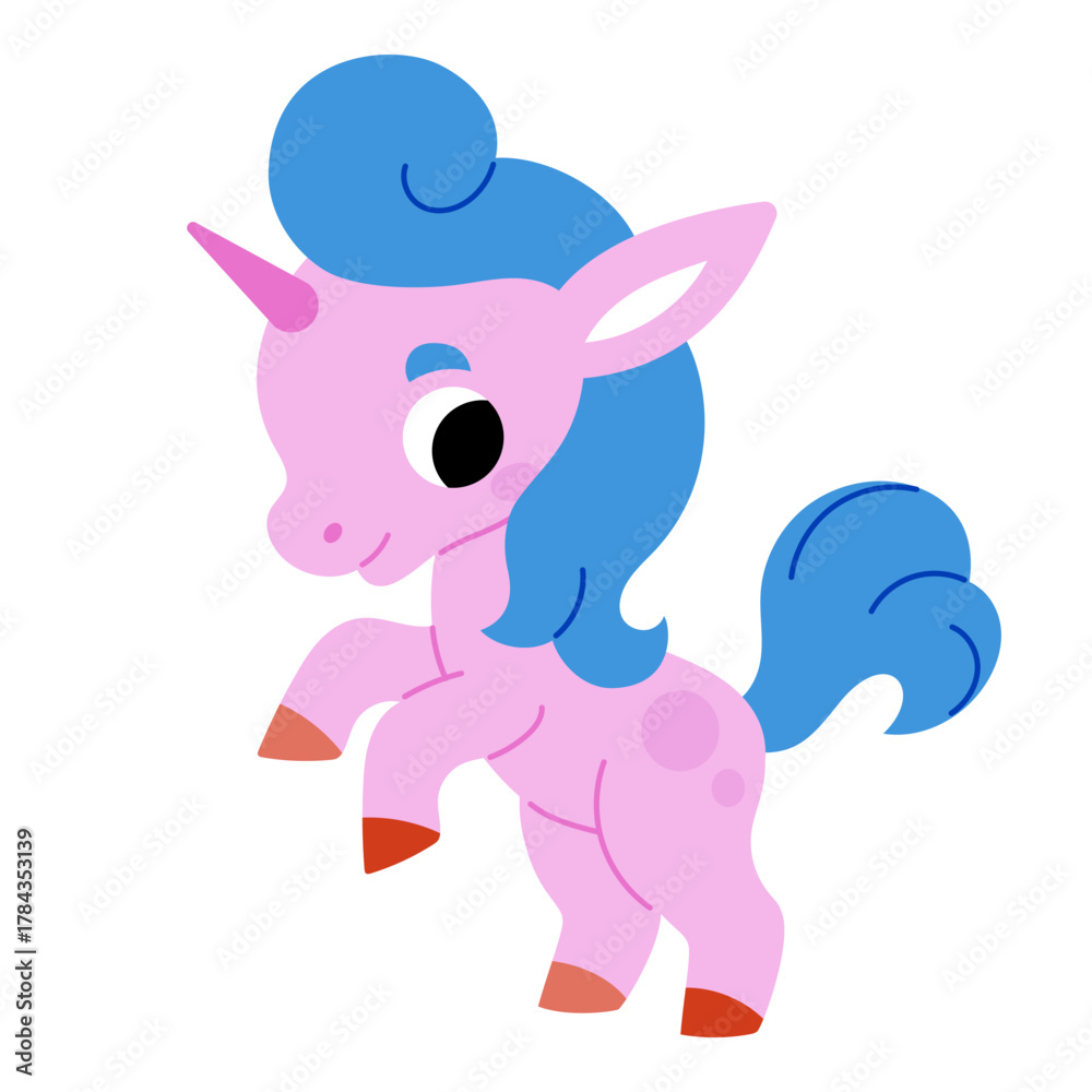 Naklejka premium Pink unicorn with blue man. Magical cute character for fantasy themes and kids content. Vector flat illustration isolated on white background