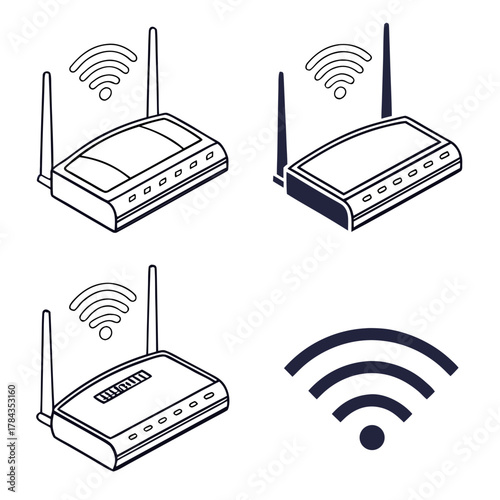 Four wifi router icons and signal waves wireless internet