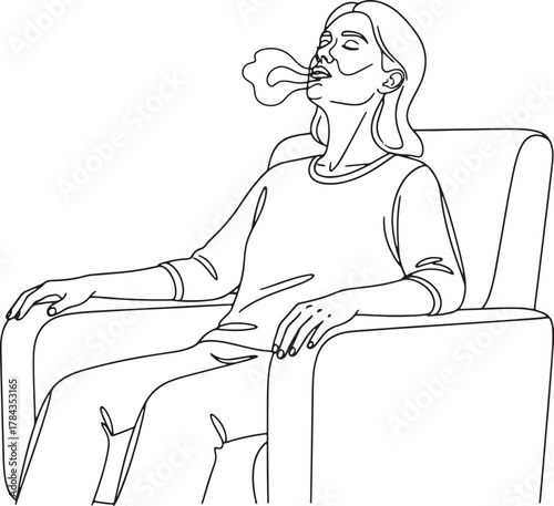 Woman in a chair smoking a cigarette with smoke rings