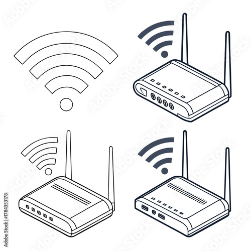 Four wifi router icons and wifi signal graphic wireless
