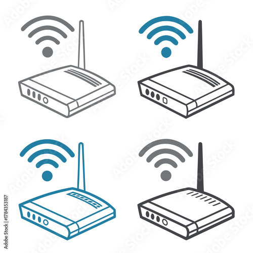 Four wifi router icons in grey and blue wifi icon internet