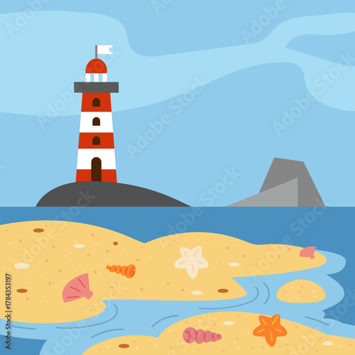 Flat square scene of sea coast with a lighthouse and shoreline. Vector illustration for marine and travel themed projects.