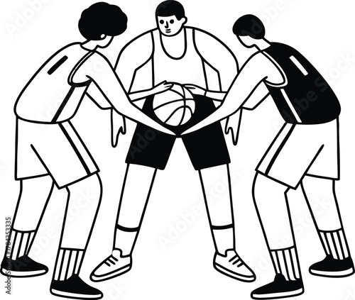 Basketball players in double team defense silhouette isolated on transparent background