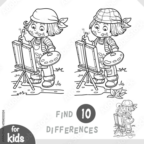 Cute artist girl paints on easel outdoors. Spot the differences game for kindergarten and preschool children. Black and white coloring page for kids about professions