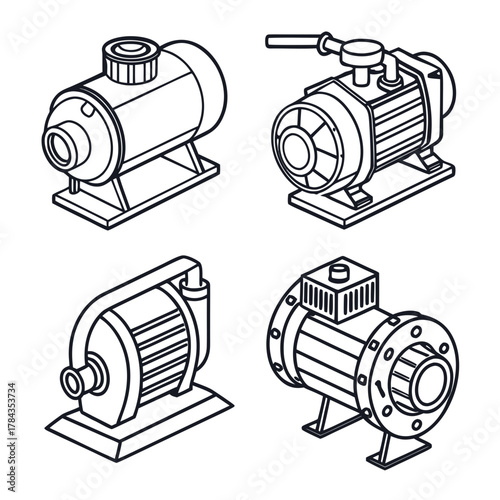 Four isometric water pump icons line art industrial pump