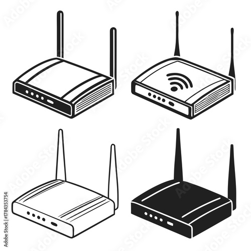 Four isometric wifi router icons black and white symbol