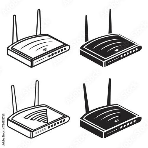 Four isometric wifi router icons black and white vector