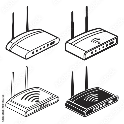 Four isometric wifi router icons black and white wireless 1