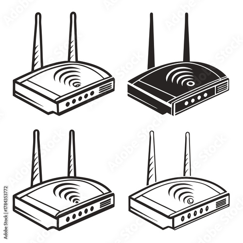 Four isometric wifi router icons black and white wireless