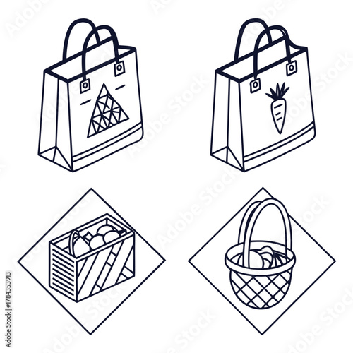 Four market bag and basket icons with produce shopping bag