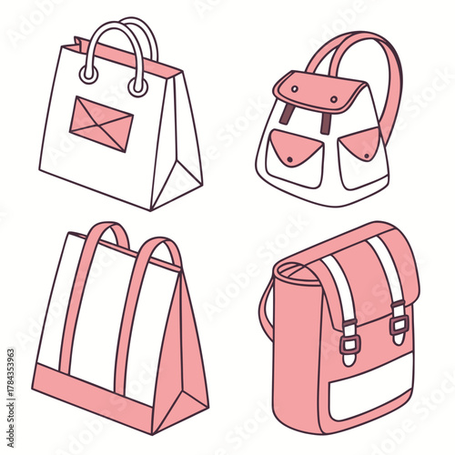 Four pink and white isometric school bag icons backpack