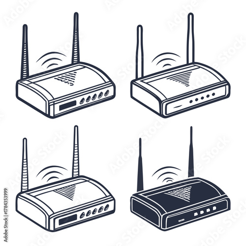 Four retro vintage wifi router icons in outline and solid fill