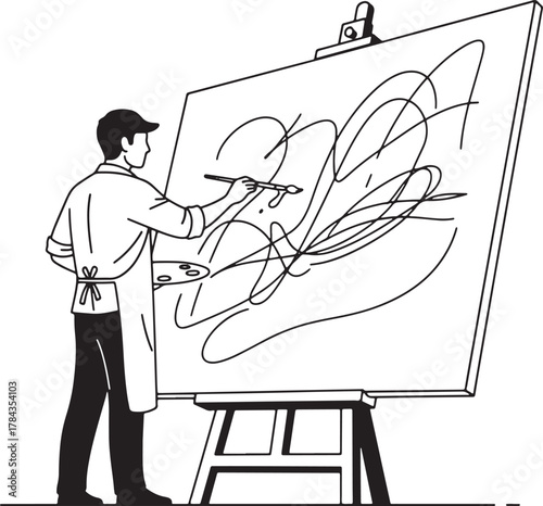 Artist painting abstract art on large canvas easel