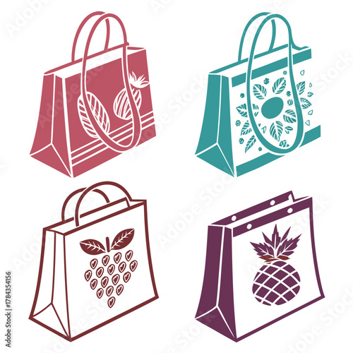 Four shopping bags with fruit and leaf motifs tote bag