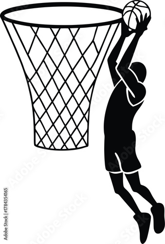 Basketball player slam dunk action silhouette isolated on transparent background