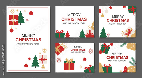 Festive Merry Christmas and Happy New Year posters or greeting cards, featuring trendy modern backgrounds with charming Christmas trees, beautifully wrapped gifts, delicate snowflakes, and elegant