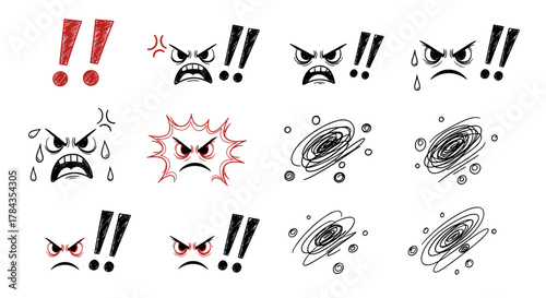 Set of hand-drawn comic and manga style angry expressions, exclamation marks, and dizzy marks, featuring scribbled line art emoticons and anime reactions, perfect for conveying strong emotions and