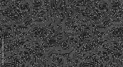 Seamless black and white circuit board pattern, intricate lines and connection points creating a high-tech, electronic pathway design, perfect for technology, data, and innovation themes, abstract