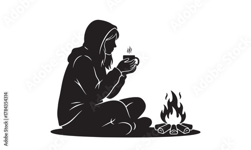 Girl Sitting by Campfire with Hot Drink Silhouette Illustration