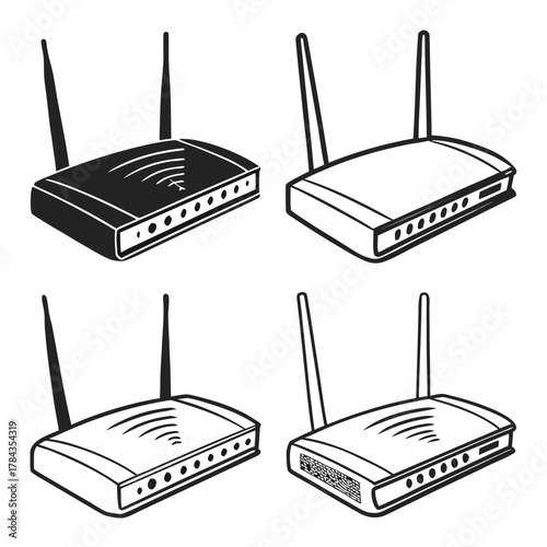 Four wireless router icons black and white wifi internet