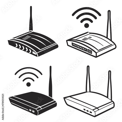Four wireless router icons in black and white wifi router