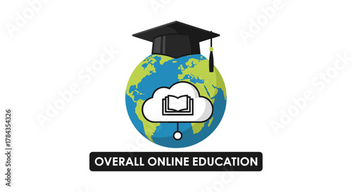Global Online Education Concept: A Graduation Cap Adorns a Vibrant Earth, Symbolizing Worldwide E-Learning Opportunities, with a Cloud Icon Featuring an Open Book Representing Digital Knowledge and