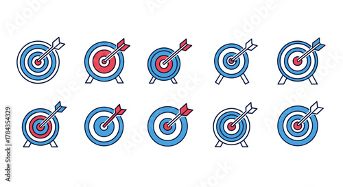 Set of ten vector cartoon illustrations of target logotypes with arrows hitting the bullseye, presented in a clean, ordered line icon style on a white background, perfect for business and sports