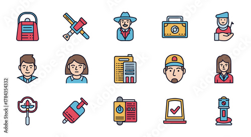 Modern and vibrant flat icon set representing financial concepts, including a wallet, debit card, credit card, money symbols, savings jar, budget planner, and payment icons, all rendered in a bold