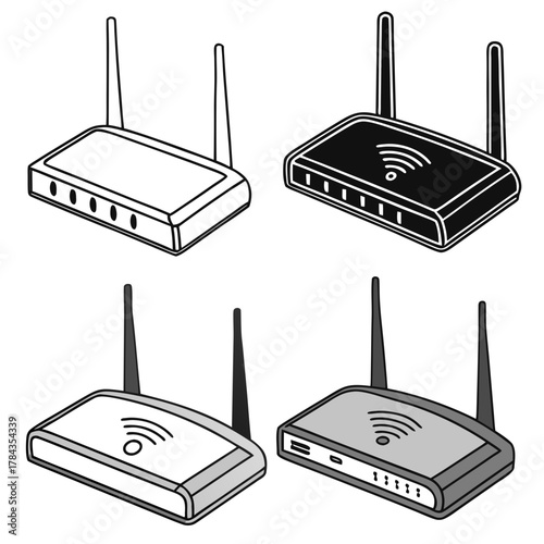 Four wireless router icons in different styles wifi router