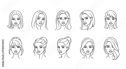 Collection of ten diverse female face line art illustrations, showcasing various hairstyles and elegant profiles, perfect for beauty, fashion, and branding logos on a clean white background, vector