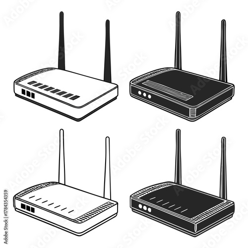 Four wireless routers in white and black outline and silhouette