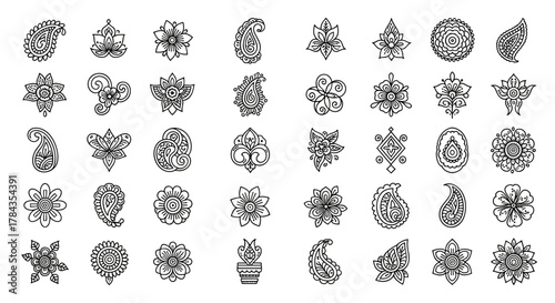 Collection of intricate and decorative henna tattoo designs, including paisley motifs and floral patterns, presented as a clean vector cartoon illustration on a white background, perfect for logos
