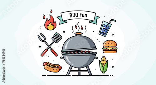 A vibrant and fun illustration of a barbecue scene, featuring a grilling station with a lid open, flames, cooking utensils, a juicy burger, a hot dog, corn on the cob, and a refreshing drink, perfect