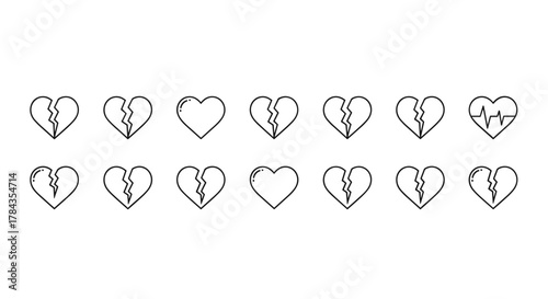 Collection of minimalistic broken heart icons and symbols, including a heartbeat line within a heart, perfect for web design, app interfaces, social media banners, greeting cards, and vector cartoon
