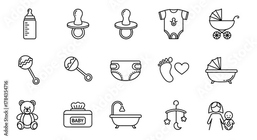 Collection of baby care icons in editable stroke outline style, isolated on a clean white background, featuring a baby bottle, pacifiers, bodysuit, stroller, rattles, diaper, footprints, heart, crib