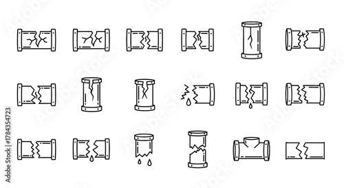 Collection of thin line icons representing broken pipes, featuring various types of damage like cracks, fractures, and leaks, perfect for web, apps, books, and cards, presented as a clean vector